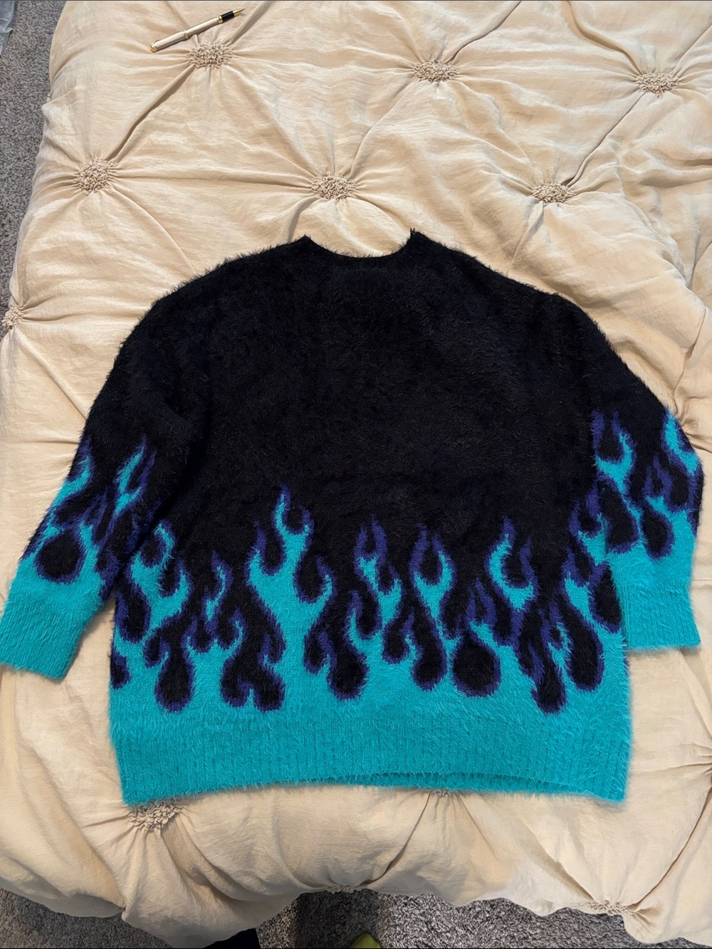 Adika Black Teal & Purple Flame Fuzzy Crewneck Sweater